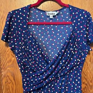 Swingy blue dotted faux wrap dress